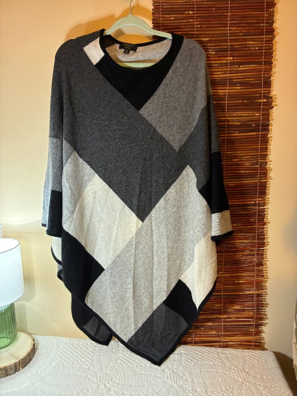 Charter Club Luxury Cashmere Colorblock Poncho Sweater Black Gray OS